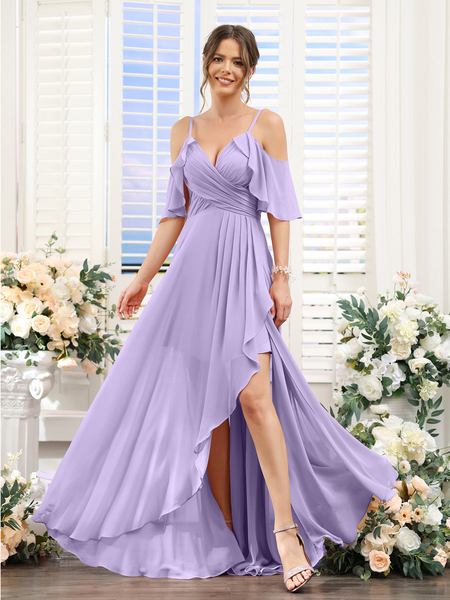 A-Line V-Neck Spaghetti Straps Short Sleeves Asymmetrical Chiffon Bridesmaid Dresses Lilac
