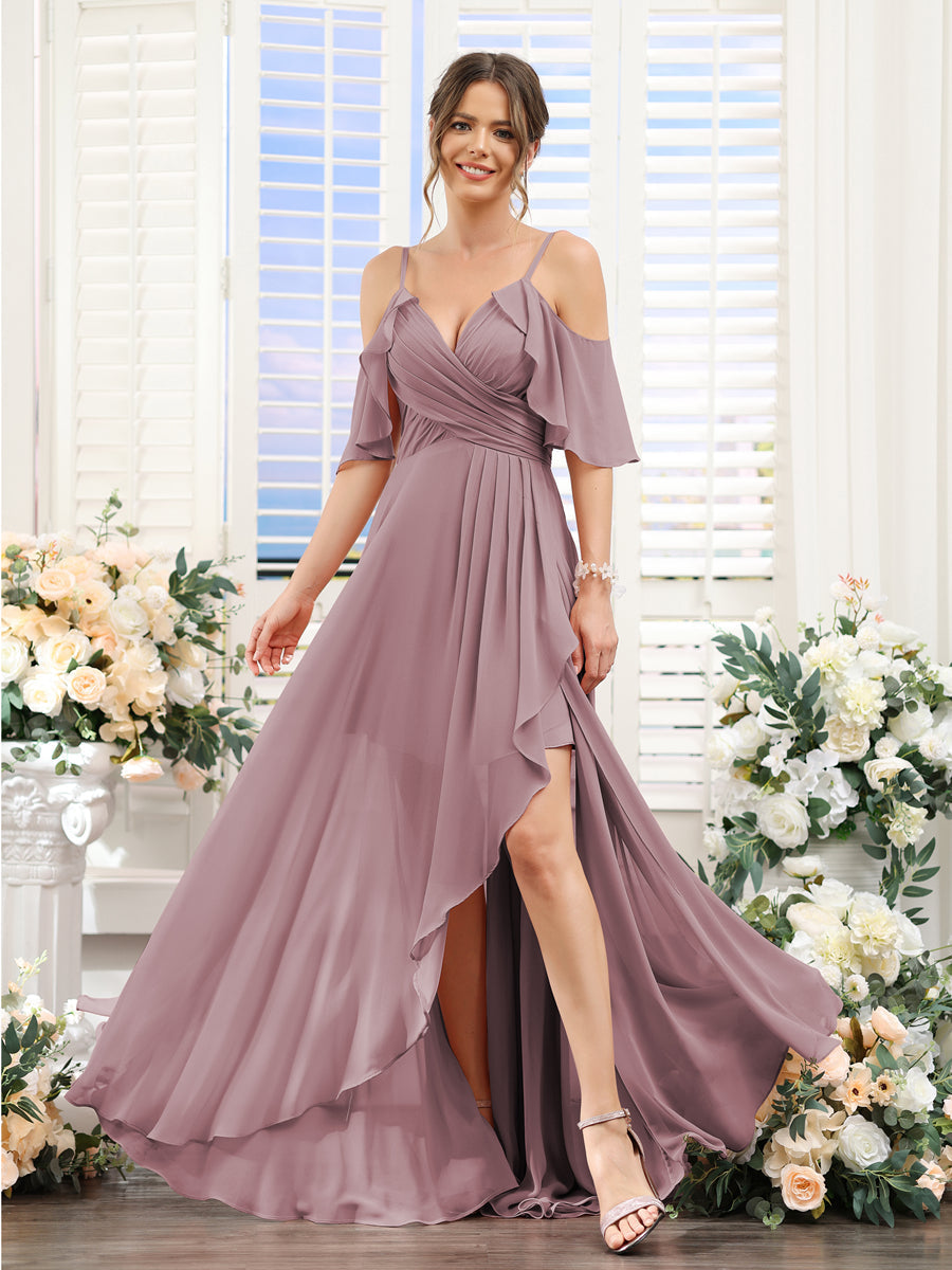 A-Line V-Neck Spaghetti Straps Short Sleeves Asymmetrical Chiffon Bridesmaid Dresses Mauve