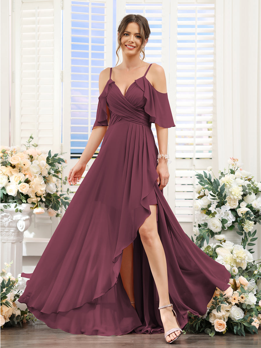 A-Line V-Neck Spaghetti Straps Short Sleeves Asymmetrical Chiffon Bridesmaid Dresses Mulberry
