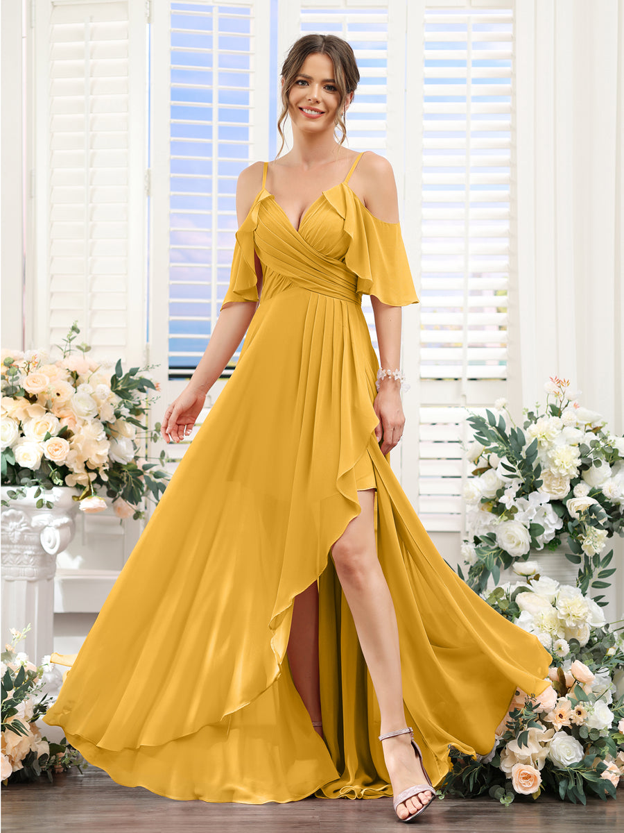 A-Line V-Neck Spaghetti Straps Short Sleeves Asymmetrical Chiffon Bridesmaid Dresses Mustard Yellow
