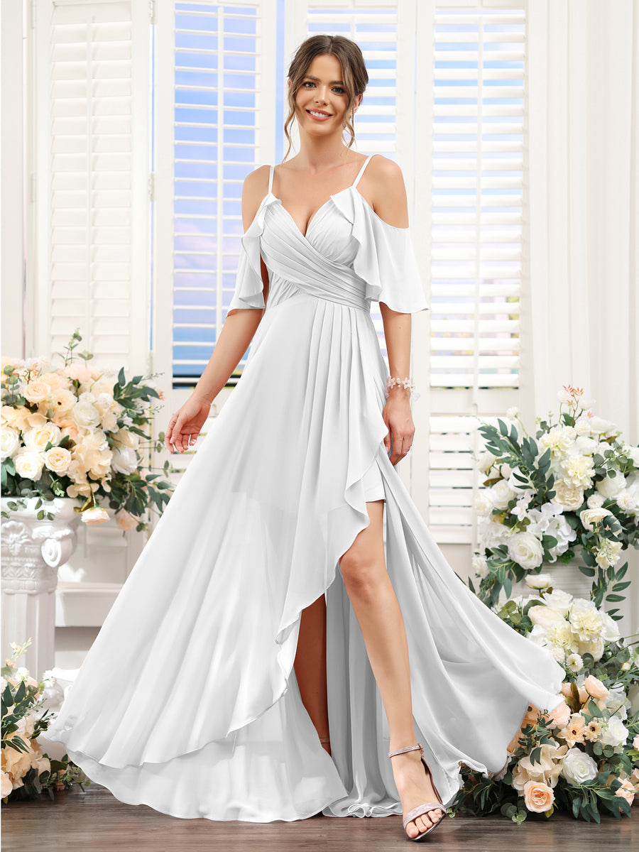 A-Line V-Neck Spaghetti Straps Short Sleeves Asymmetrical Chiffon Bridesmaid Dresses Off White