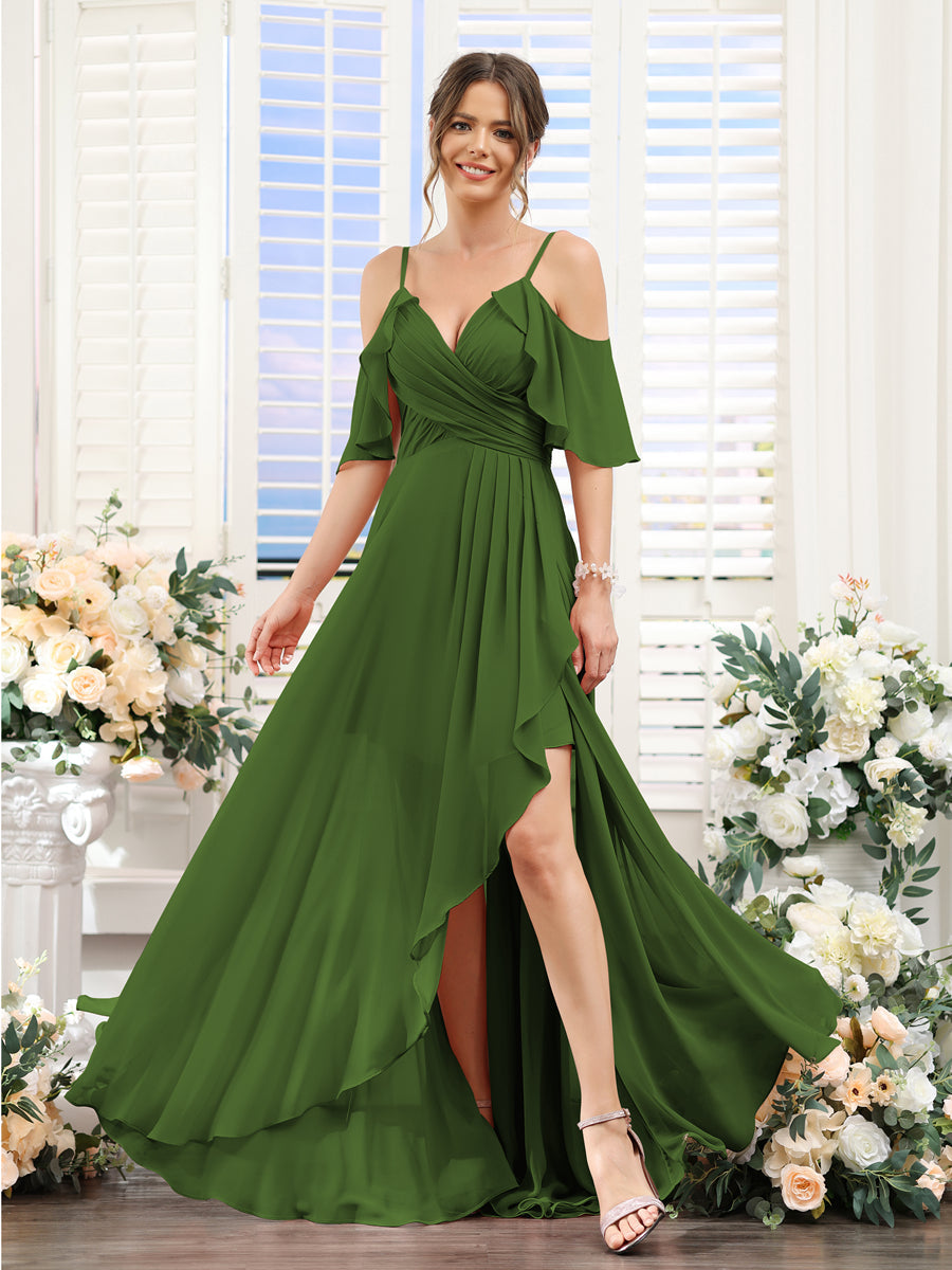 A-Line V-Neck Spaghetti Straps Short Sleeves Asymmetrical Chiffon Bridesmaid Dresses Olive Green