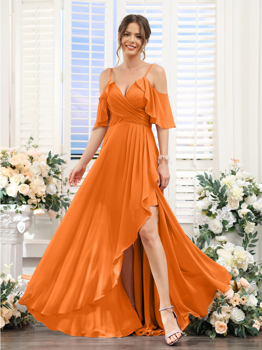 A-Line V-Neck Spaghetti Straps Short Sleeves Asymmetrical Chiffon Bridesmaid Dresses Orange