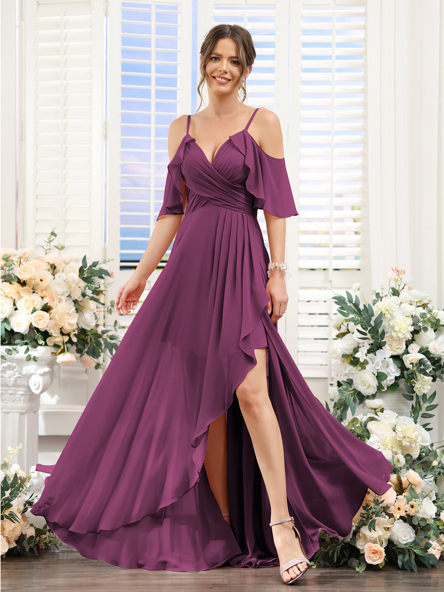 A-Line V-Neck Spaghetti Straps Short Sleeves Asymmetrical Chiffon Bridesmaid Dresses Orchid