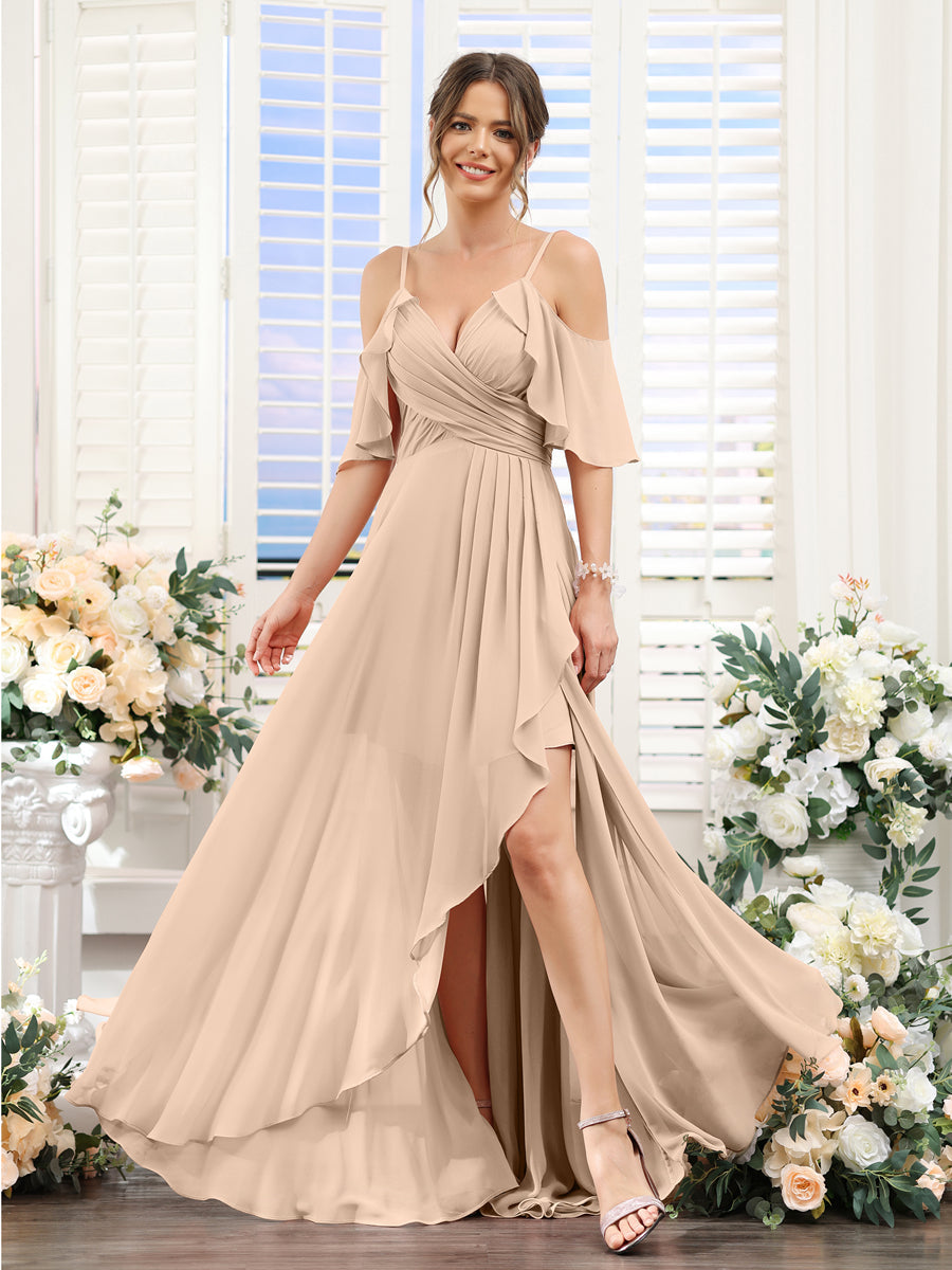 A-Line V-Neck Spaghetti Straps Short Sleeves Asymmetrical Chiffon Bridesmaid Dresses Peach Pink