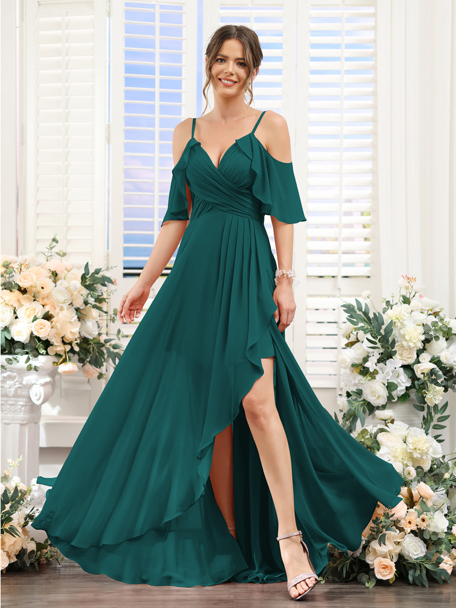 A-Line V-Neck Spaghetti Straps Short Sleeves Asymmetrical Chiffon Bridesmaid Dresses Peacock