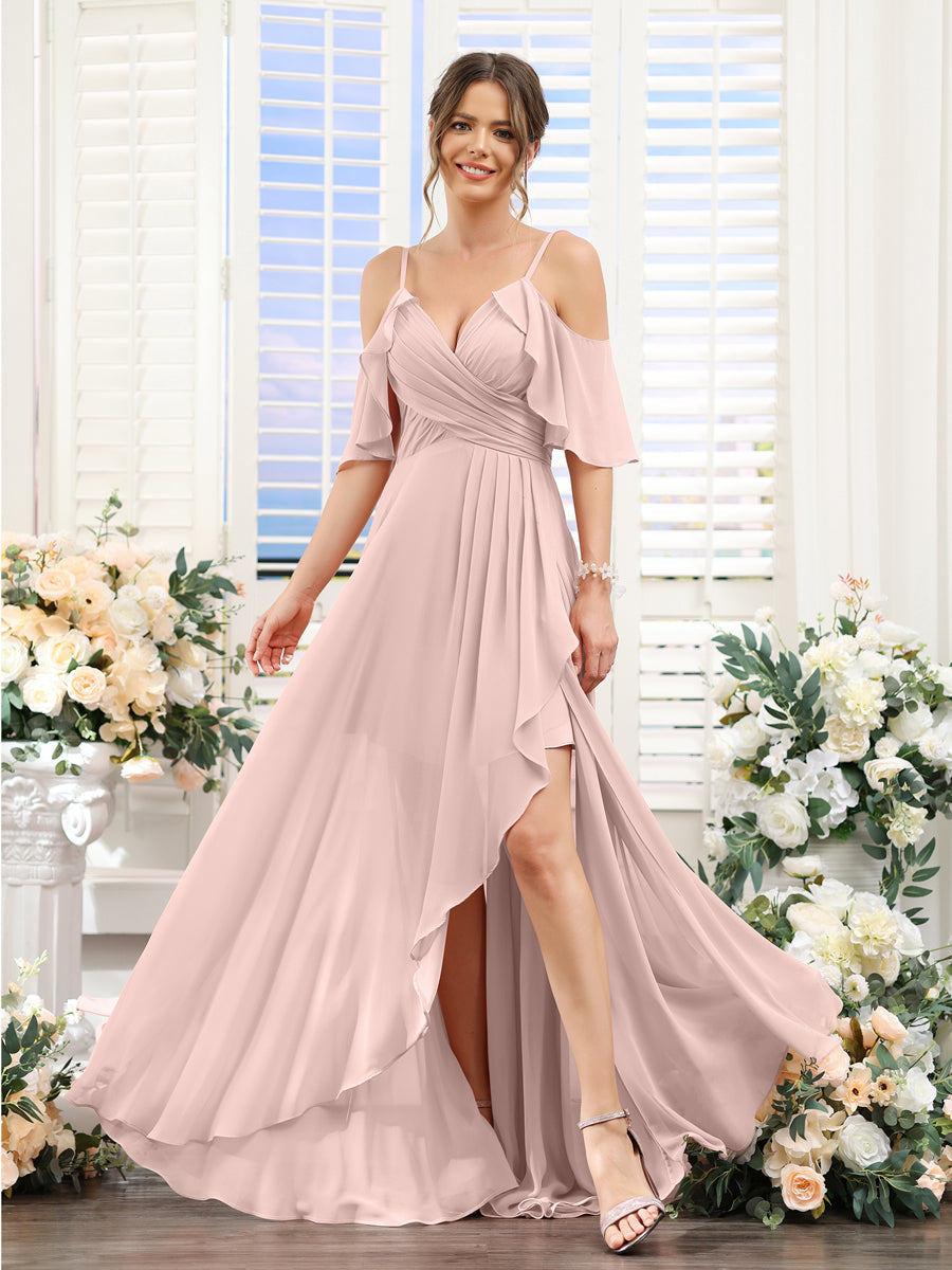 A-Line V-Neck Spaghetti Straps Short Sleeves Asymmetrical Chiffon Bridesmaid Dresses Pearl Pink