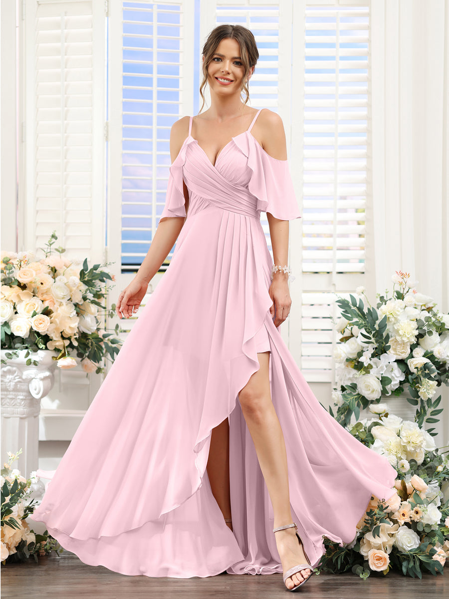 A-Line V-Neck Spaghetti Straps Short Sleeves Asymmetrical Chiffon Bridesmaid Dresses Pink