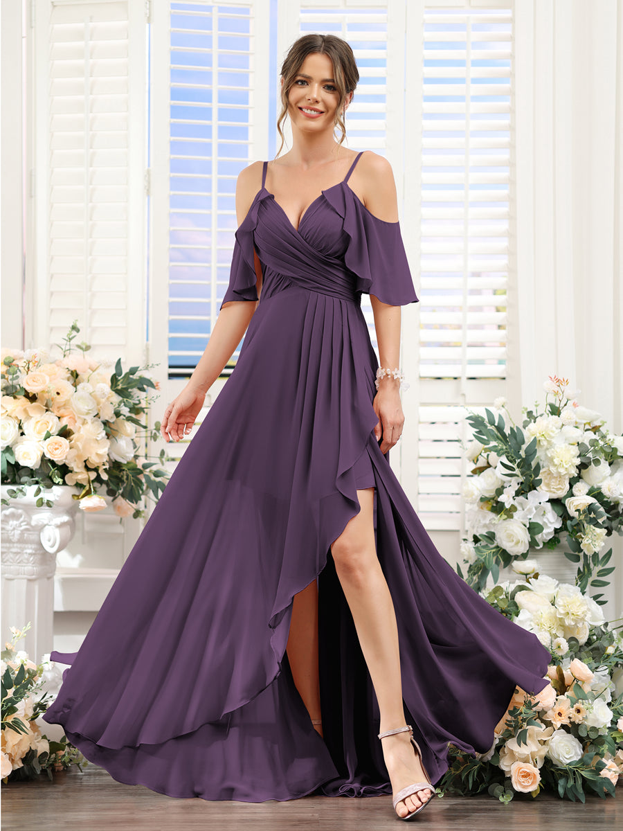 A-Line V-Neck Spaghetti Straps Short Sleeves Asymmetrical Chiffon Bridesmaid Dresses Plum