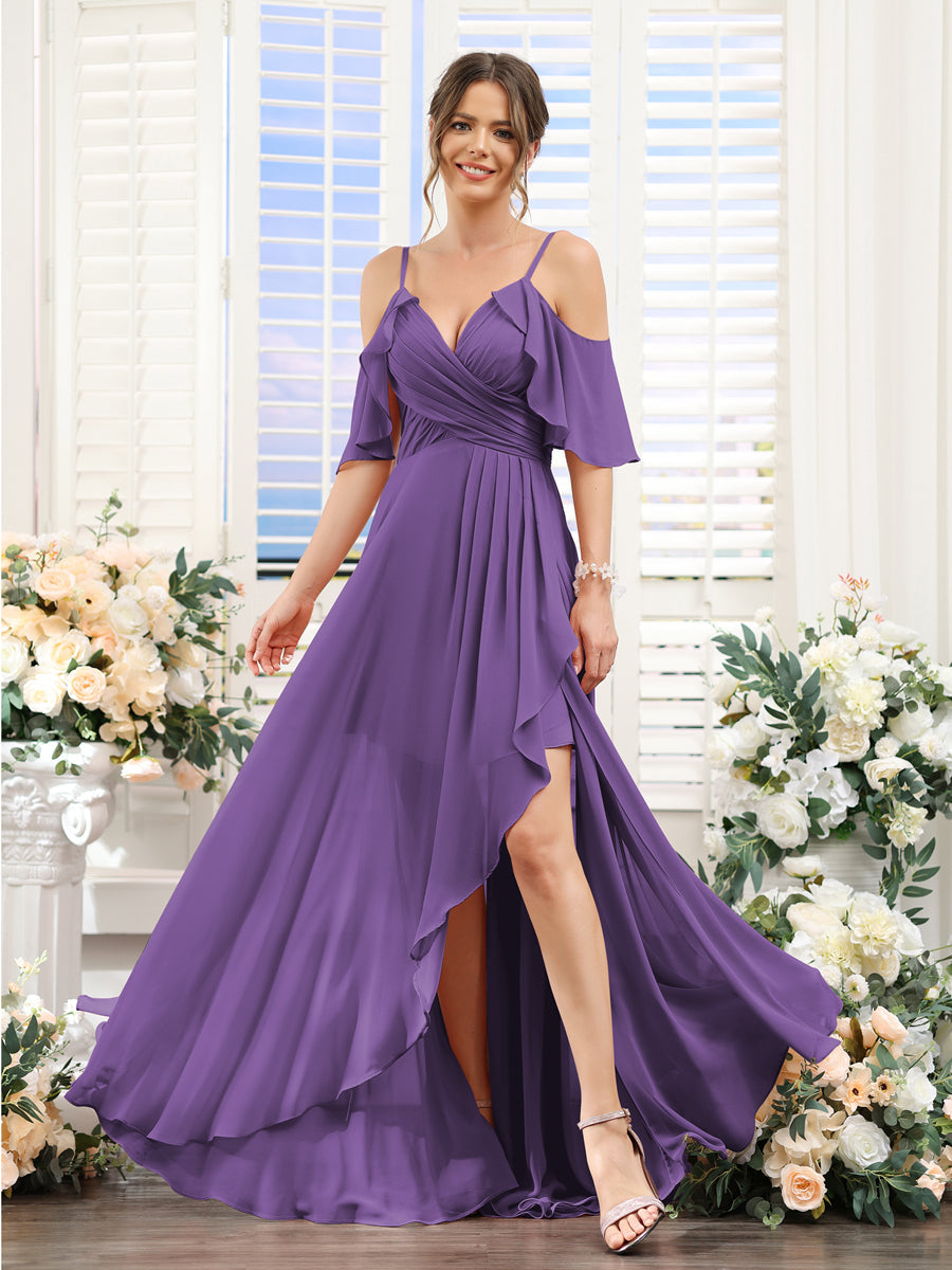 A-Line V-Neck Spaghetti Straps Short Sleeves Asymmetrical Chiffon Bridesmaid Dresses Purple