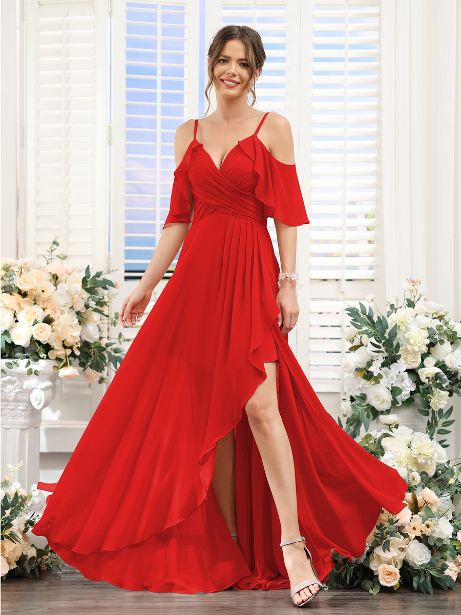 A-Line V-Neck Spaghetti Straps Short Sleeves Asymmetrical Chiffon Bridesmaid Dresses Red