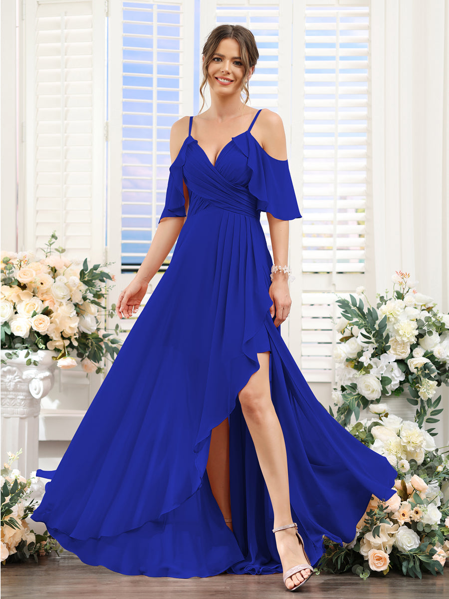 A-Line V-Neck Spaghetti Straps Short Sleeves Asymmetrical Chiffon Bridesmaid Dresses Royal Blue