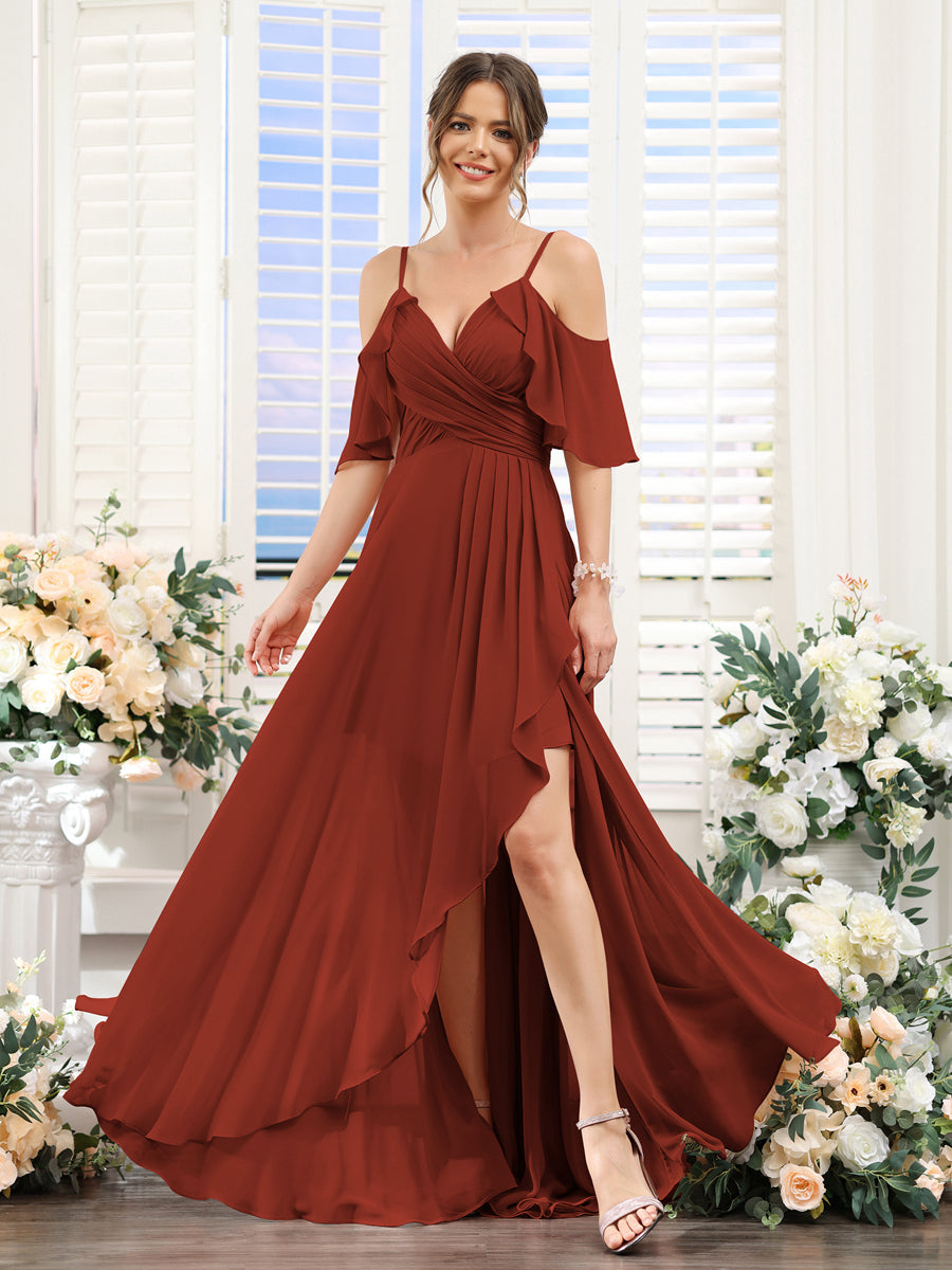 A-Line V-Neck Spaghetti Straps Short Sleeves Asymmetrical Chiffon Bridesmaid Dresses Rust
