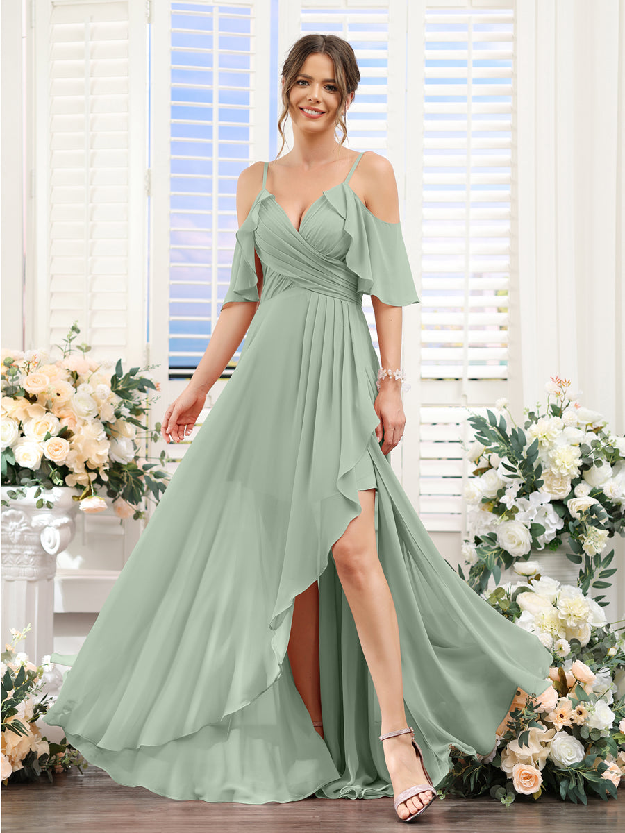 A-Line V-Neck Spaghetti Straps Short Sleeves Asymmetrical Chiffon Bridesmaid Dresses Sage