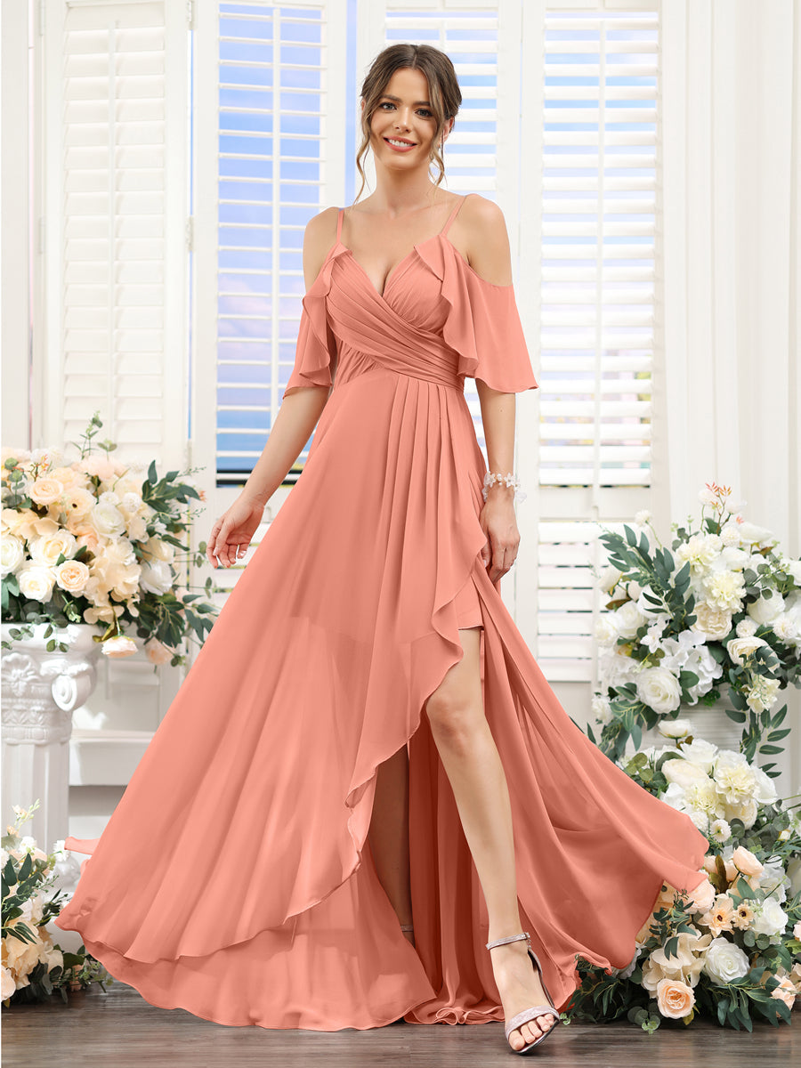 A-Line V-Neck Spaghetti Straps Short Sleeves Asymmetrical Chiffon Bridesmaid Dresses Salmon