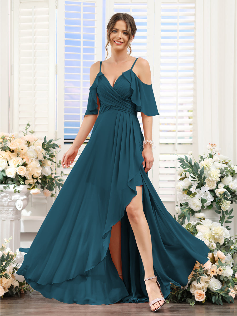 A-Line V-Neck Spaghetti Straps Short Sleeves Asymmetrical Chiffon Bridesmaid Dresses Teal