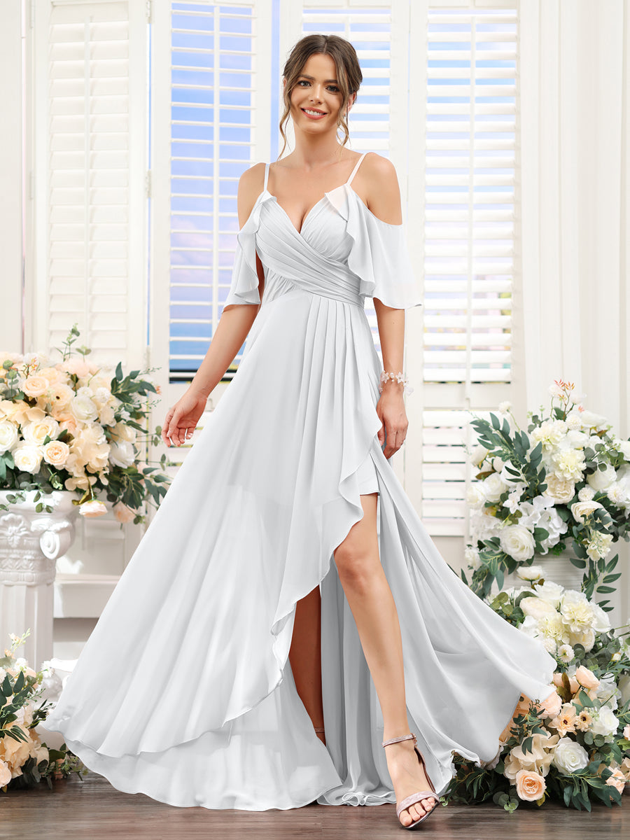 A-Line V-Neck Spaghetti Straps Short Sleeves Asymmetrical Chiffon Bridesmaid Dresses White