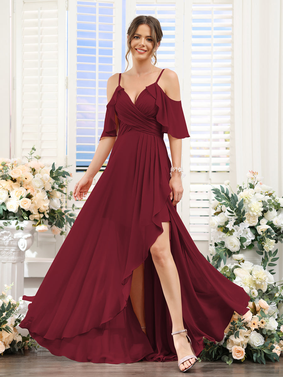 A-Line V-Neck Spaghetti Straps Short Sleeves Asymmetrical Chiffon Bridesmaid Dresses Wine Red