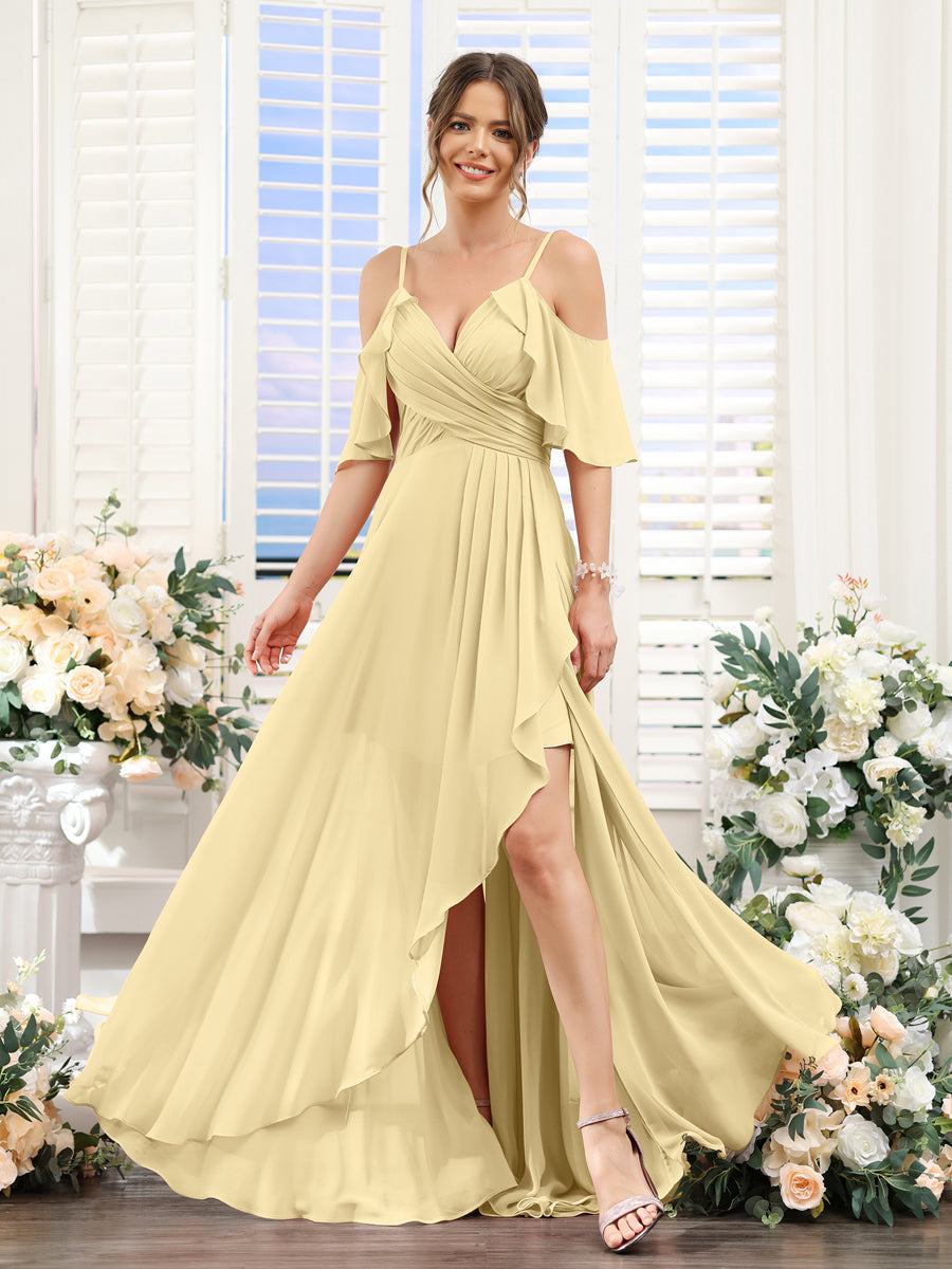 A-Line V-Neck Spaghetti Straps Short Sleeves Asymmetrical Chiffon Bridesmaid Dresses Yellow