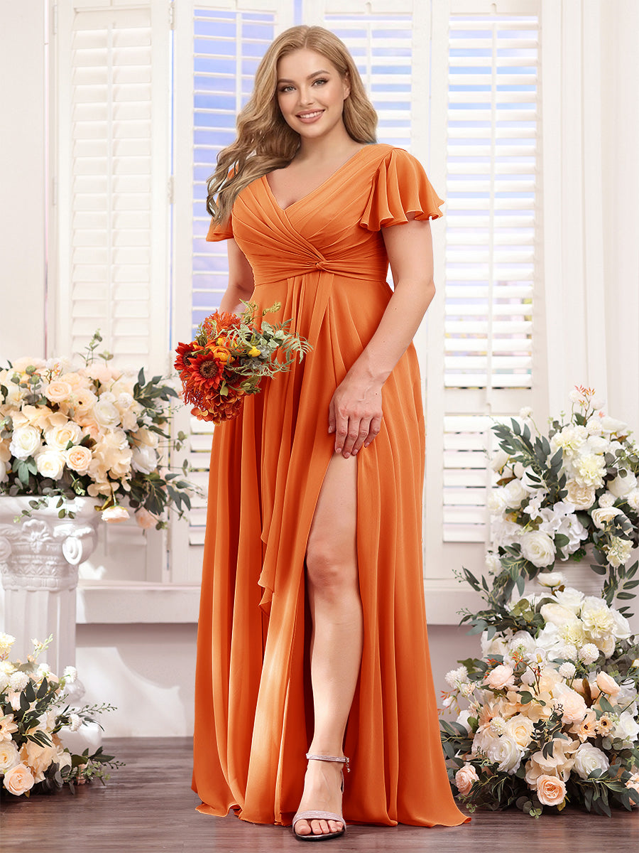 A-Line V-Neck Short Sleeves Split Side Chiffon Plus Size Bridesmaid Dresses Orange