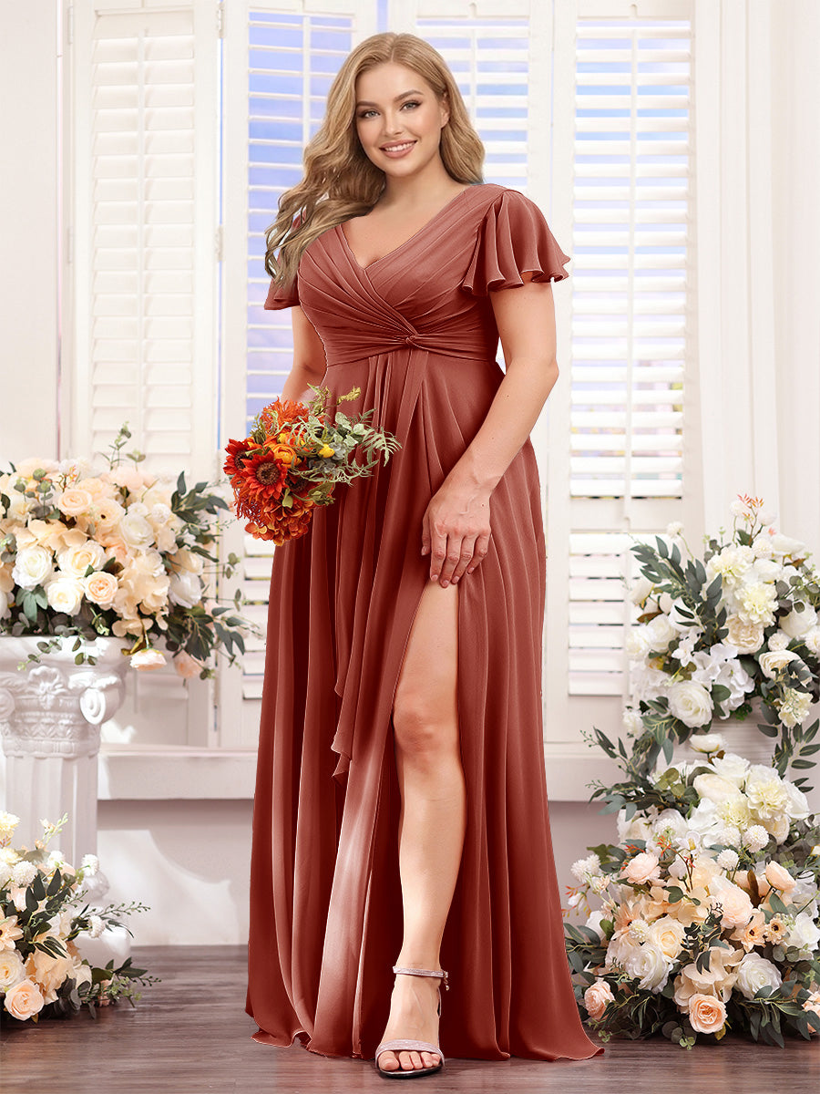 A-Line V-Neck Short Sleeves Split Side Chiffon Plus Size Bridesmaid Dresses Rust