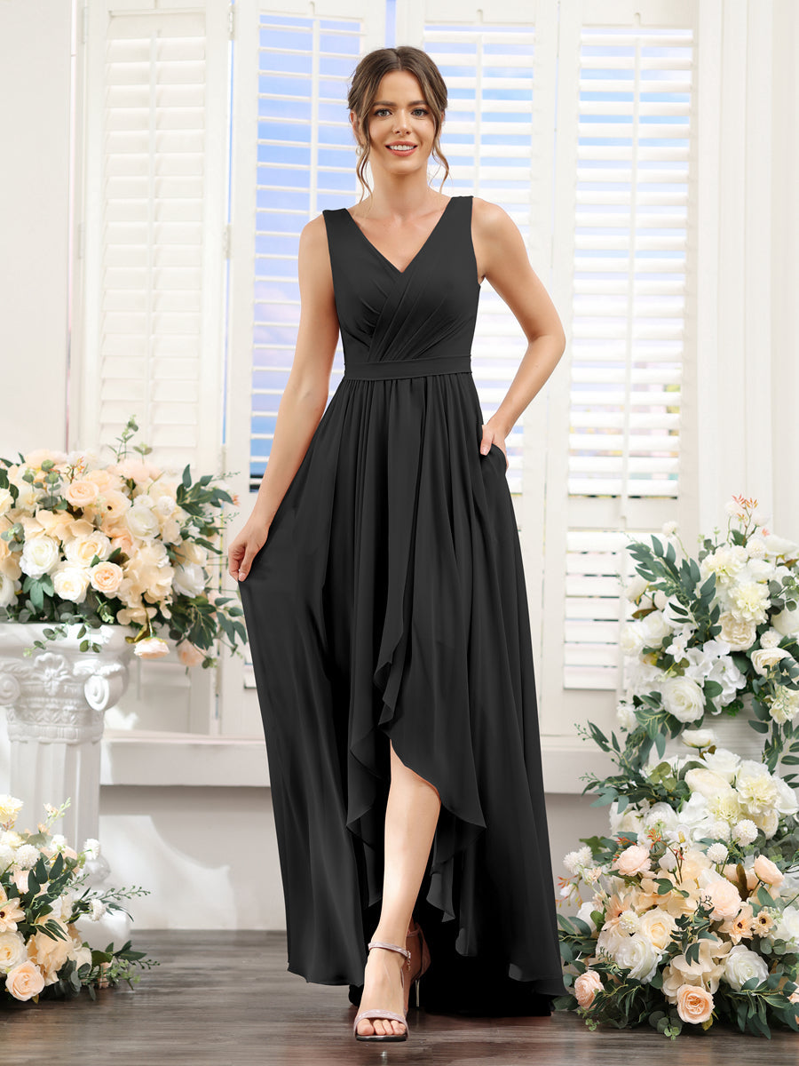 A-Line V-Neck Sleeveless Ruched Asymmetrical Chiffon Bridesmaid Dresses Black