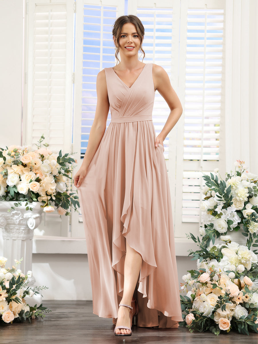 A-Line V-Neck Sleeveless Ruched Asymmetrical Chiffon Bridesmaid Dresses Blush Pink