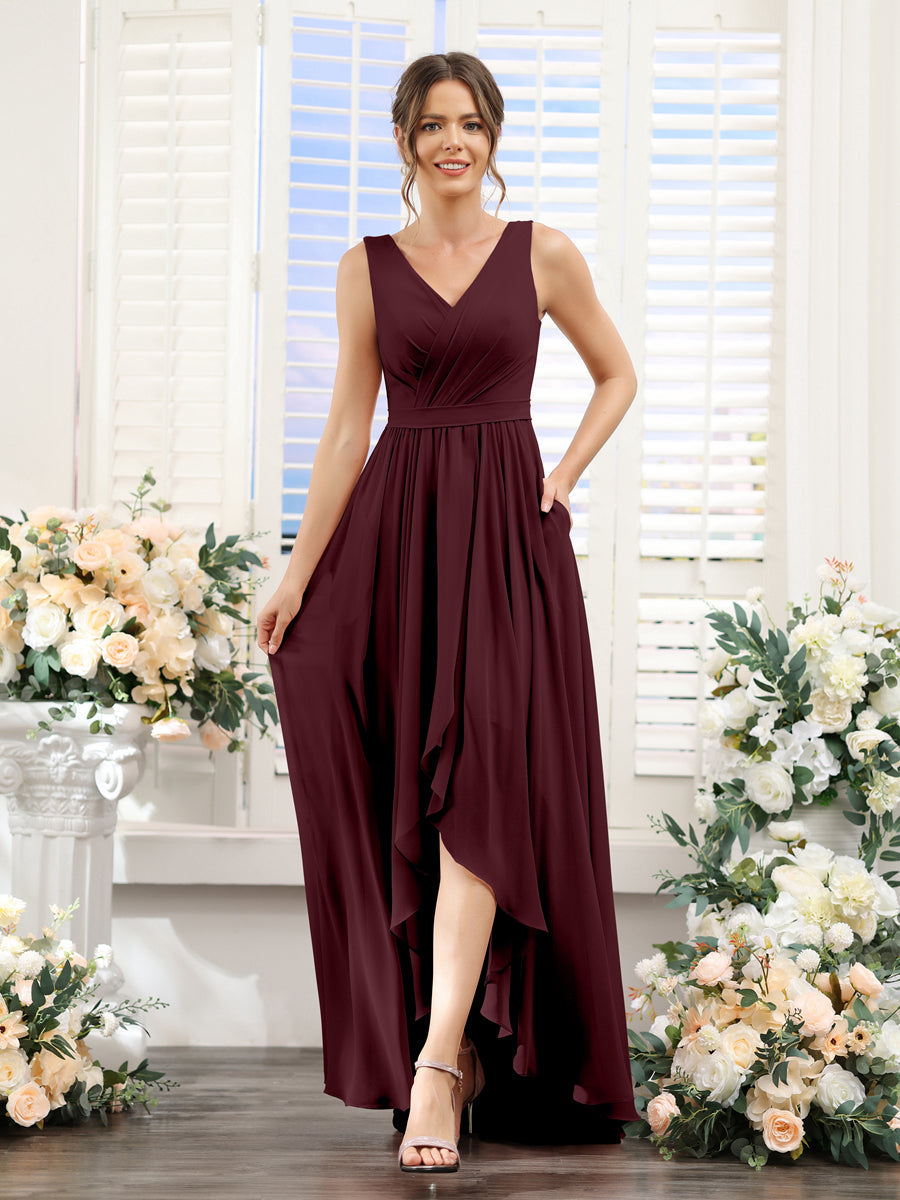 A-Line V-Neck Sleeveless Ruched Asymmetrical Chiffon Bridesmaid Dresses Burgundy