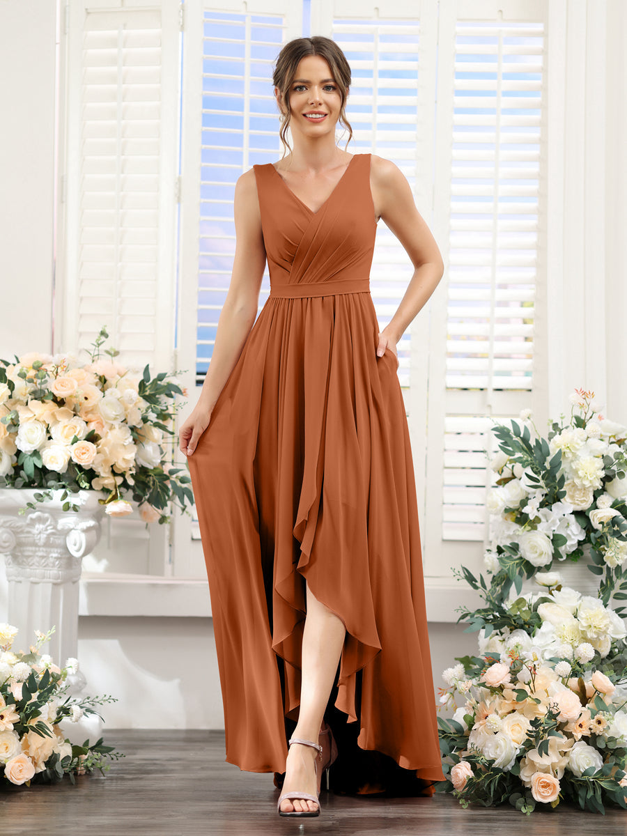 A-Line V-Neck Sleeveless Ruched Asymmetrical Chiffon Bridesmaid Dresses Burnt Orange