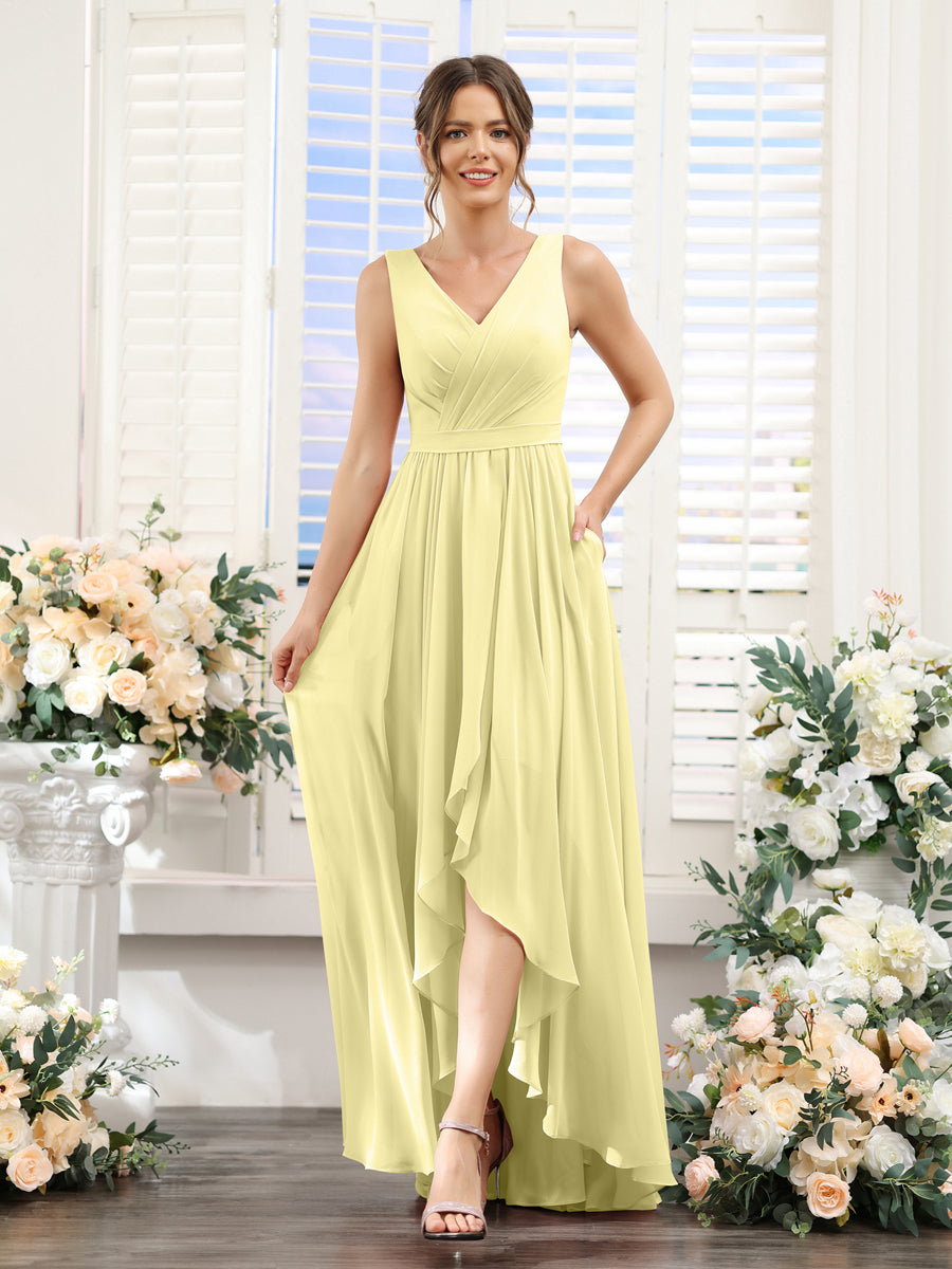 A-Line V-Neck Sleeveless Ruched Asymmetrical Chiffon Bridesmaid Dresses Canary