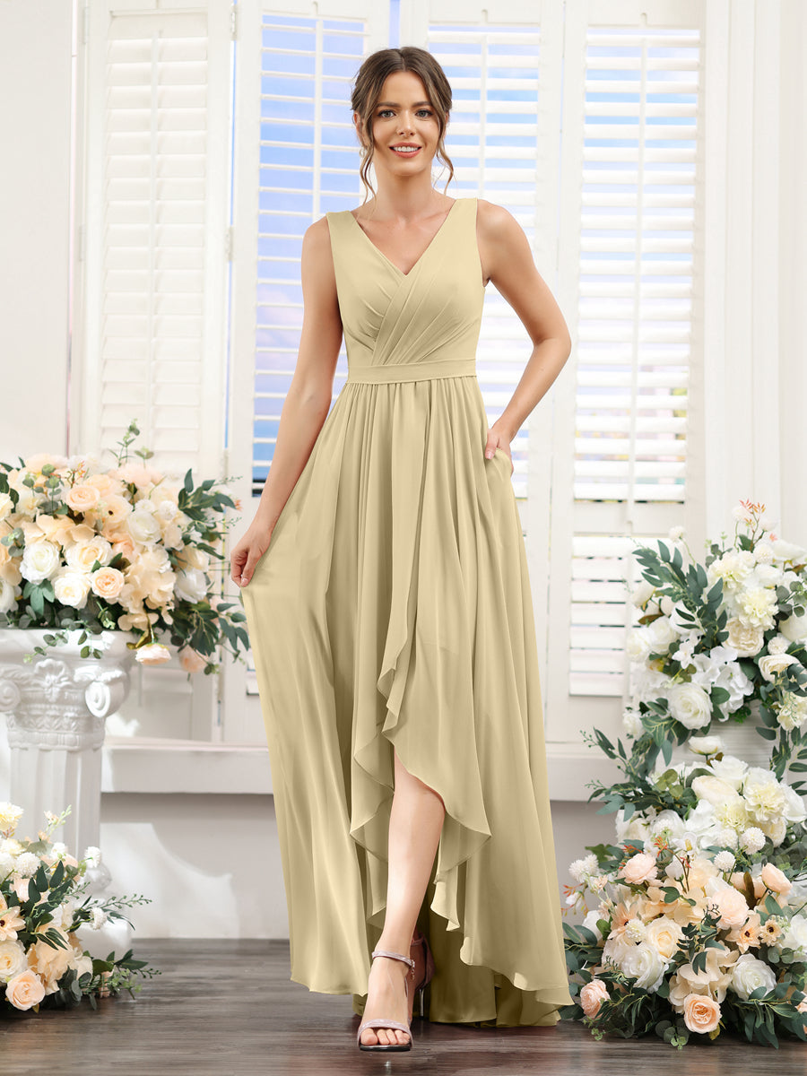 A-Line V-Neck Sleeveless Ruched Asymmetrical Chiffon Bridesmaid Dresses Champagne