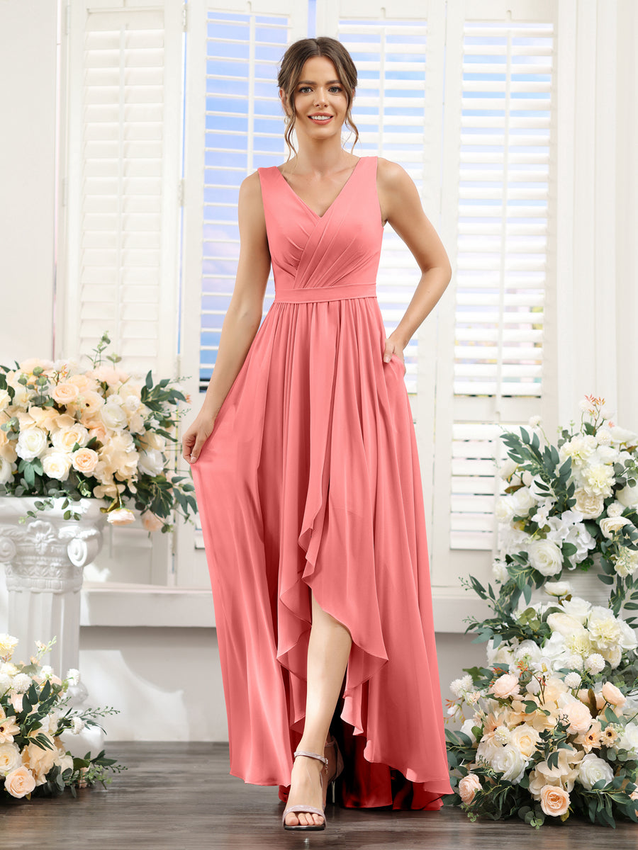 A-Line V-Neck Sleeveless Ruched Asymmetrical Chiffon Bridesmaid Dresses Coral