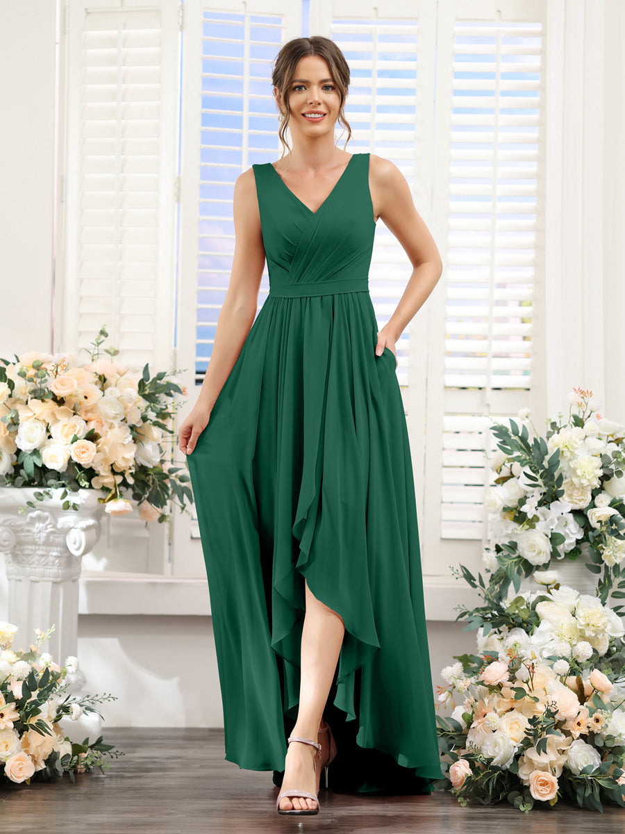A-Line V-Neck Sleeveless Ruched Asymmetrical Chiffon Bridesmaid Dresses Dark Green