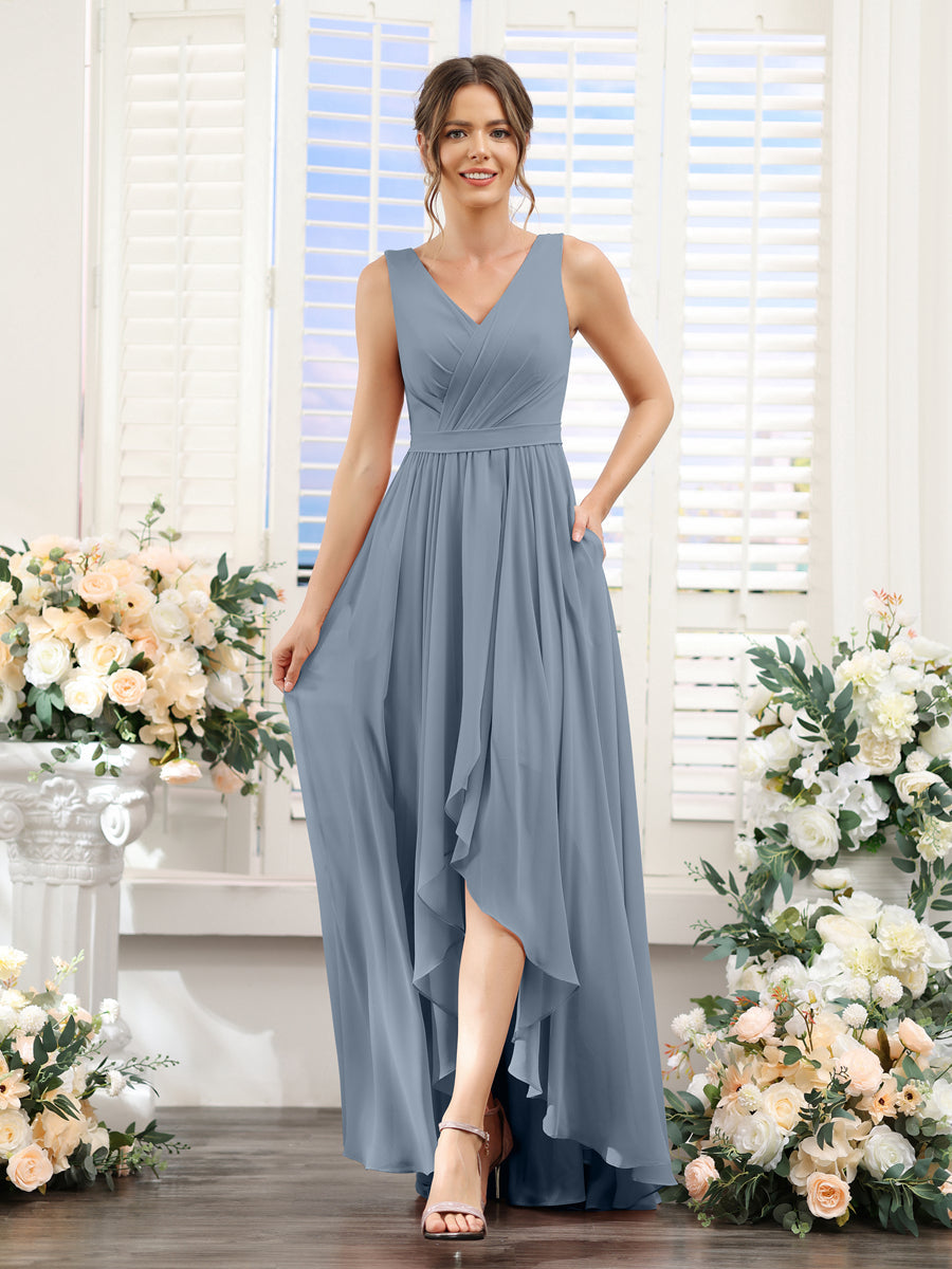 A-Line V-Neck Sleeveless Ruched Asymmetrical Chiffon Bridesmaid Dresses Dusty Blue