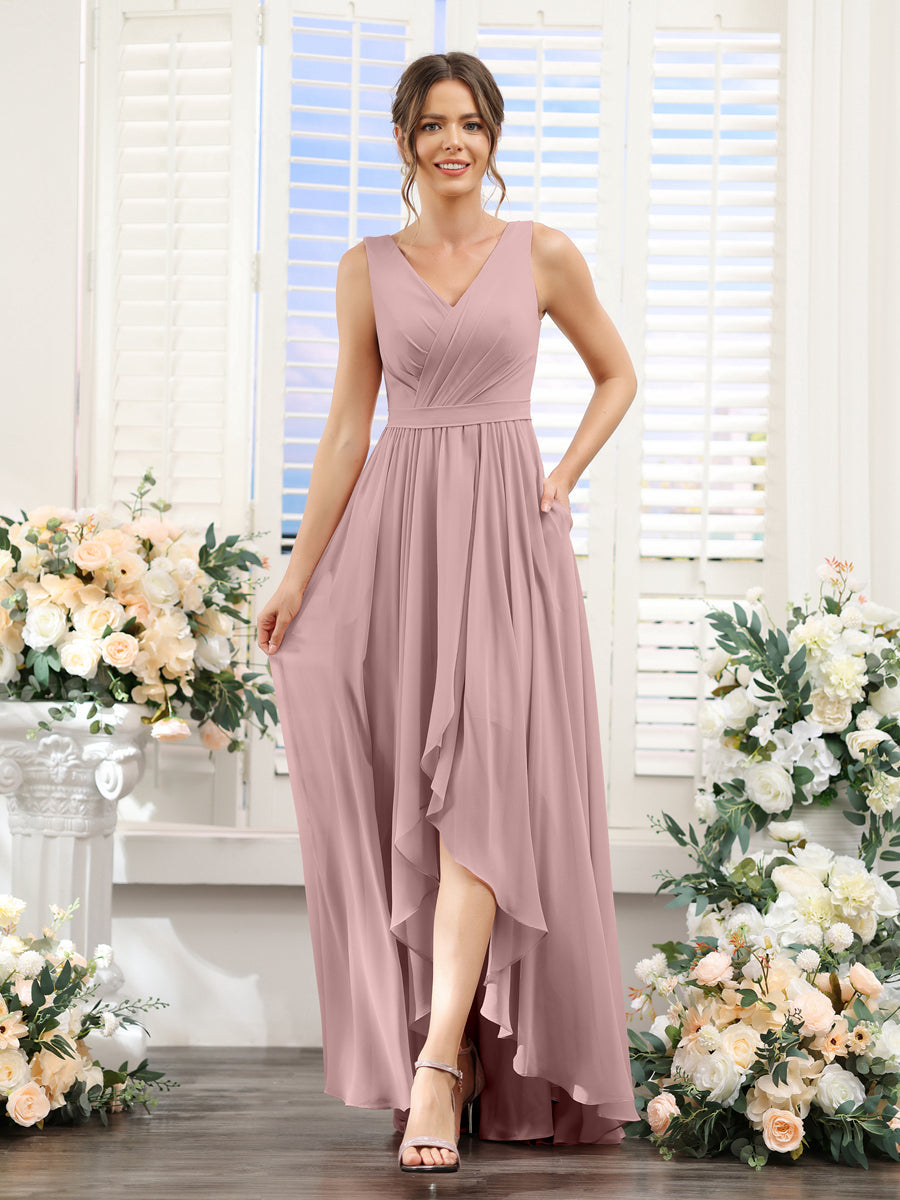 A-Line V-Neck Sleeveless Ruched Asymmetrical Chiffon Bridesmaid Dresses Dusty Pink
