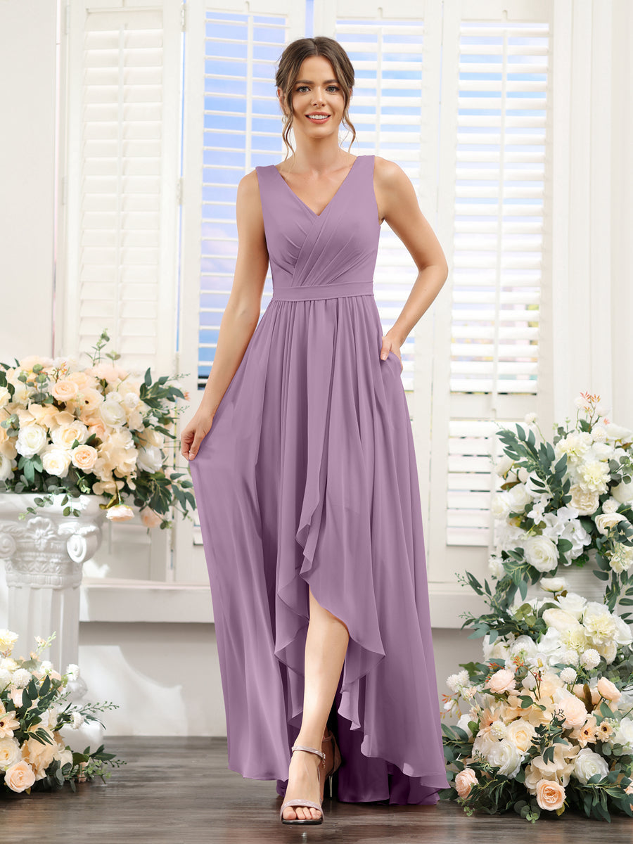 A-Line V-Neck Sleeveless Ruched Asymmetrical Chiffon Bridesmaid Dresses Dusty Purple