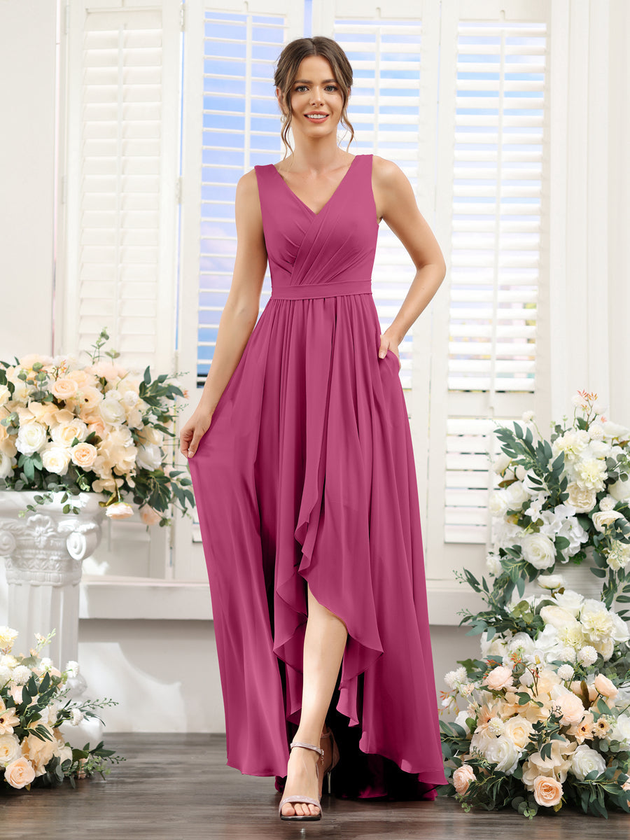 A-Line V-Neck Sleeveless Ruched Asymmetrical Chiffon Bridesmaid Dresses Fuchsia