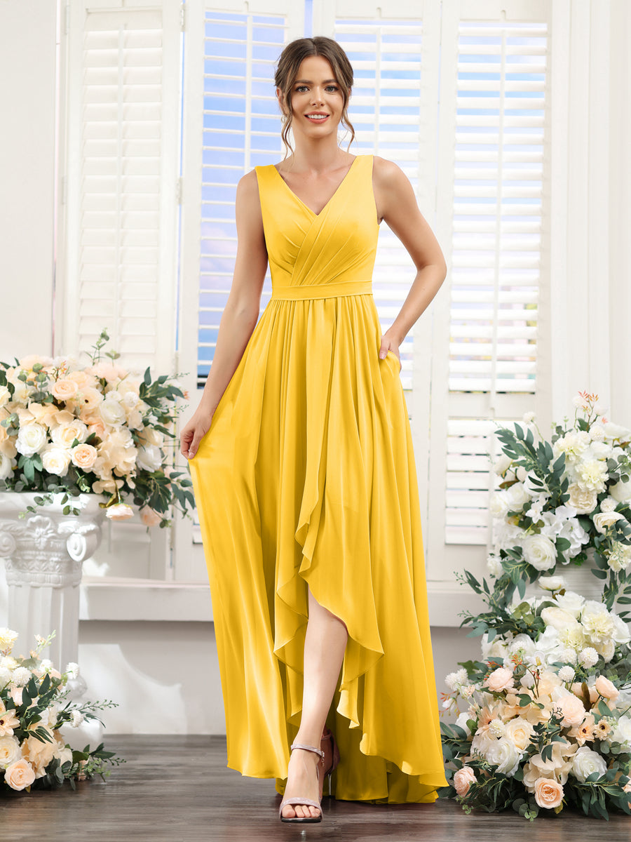A-Line V-Neck Sleeveless Ruched Asymmetrical Chiffon Bridesmaid Dresses Gold