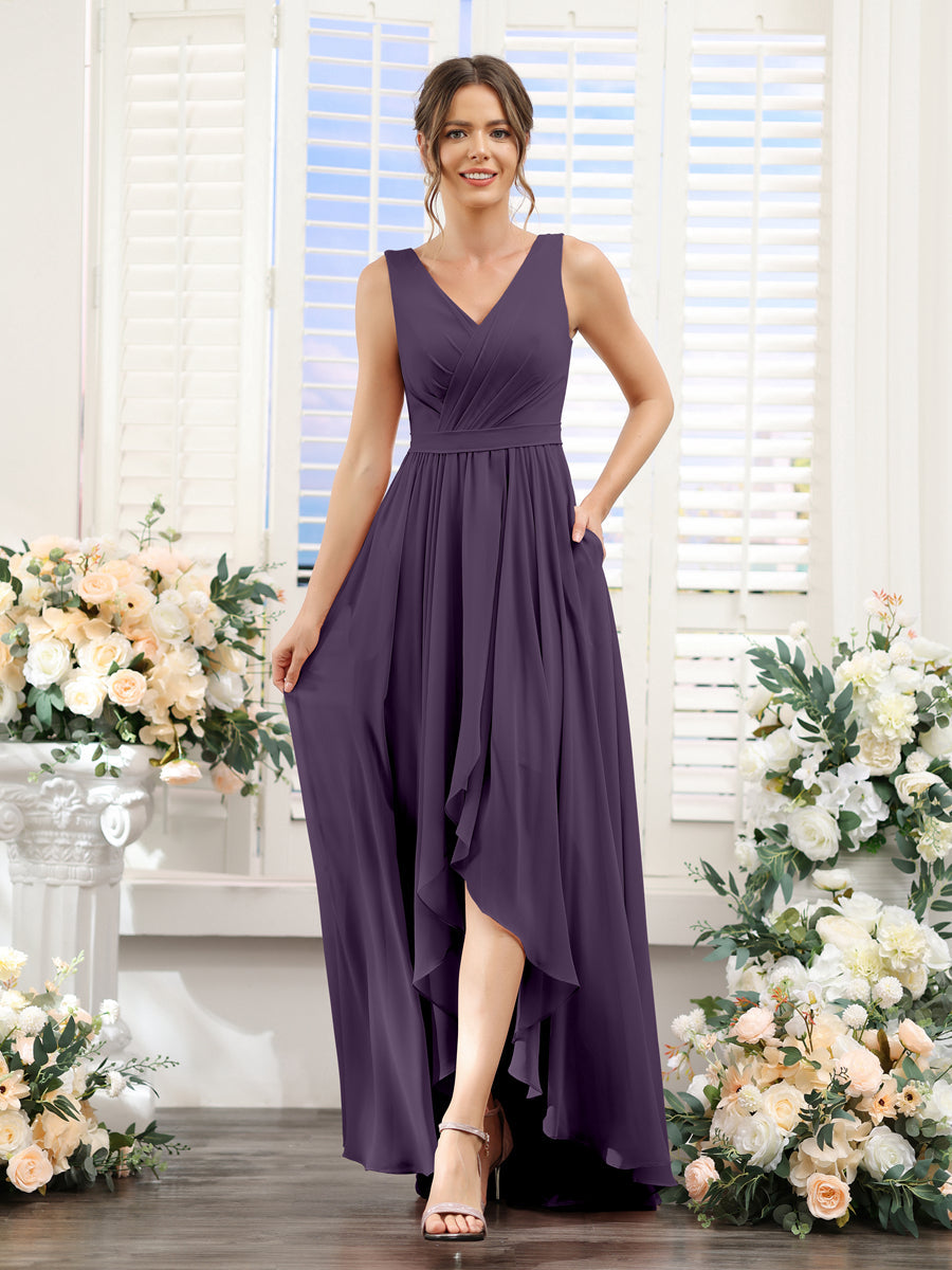 A-Line V-Neck Sleeveless Ruched Asymmetrical Chiffon Bridesmaid Dresses Grape