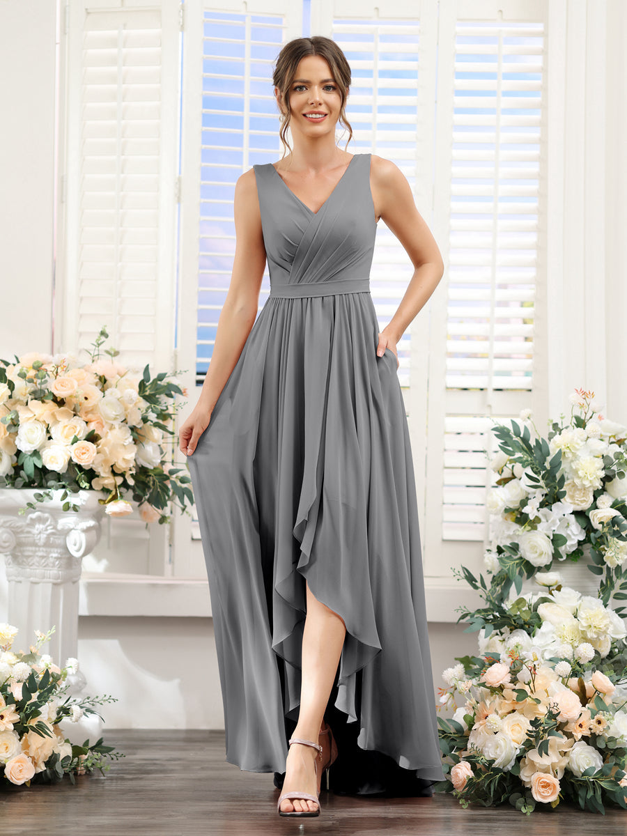 A-Line V-Neck Sleeveless Ruched Asymmetrical Chiffon Bridesmaid Dresses Gray