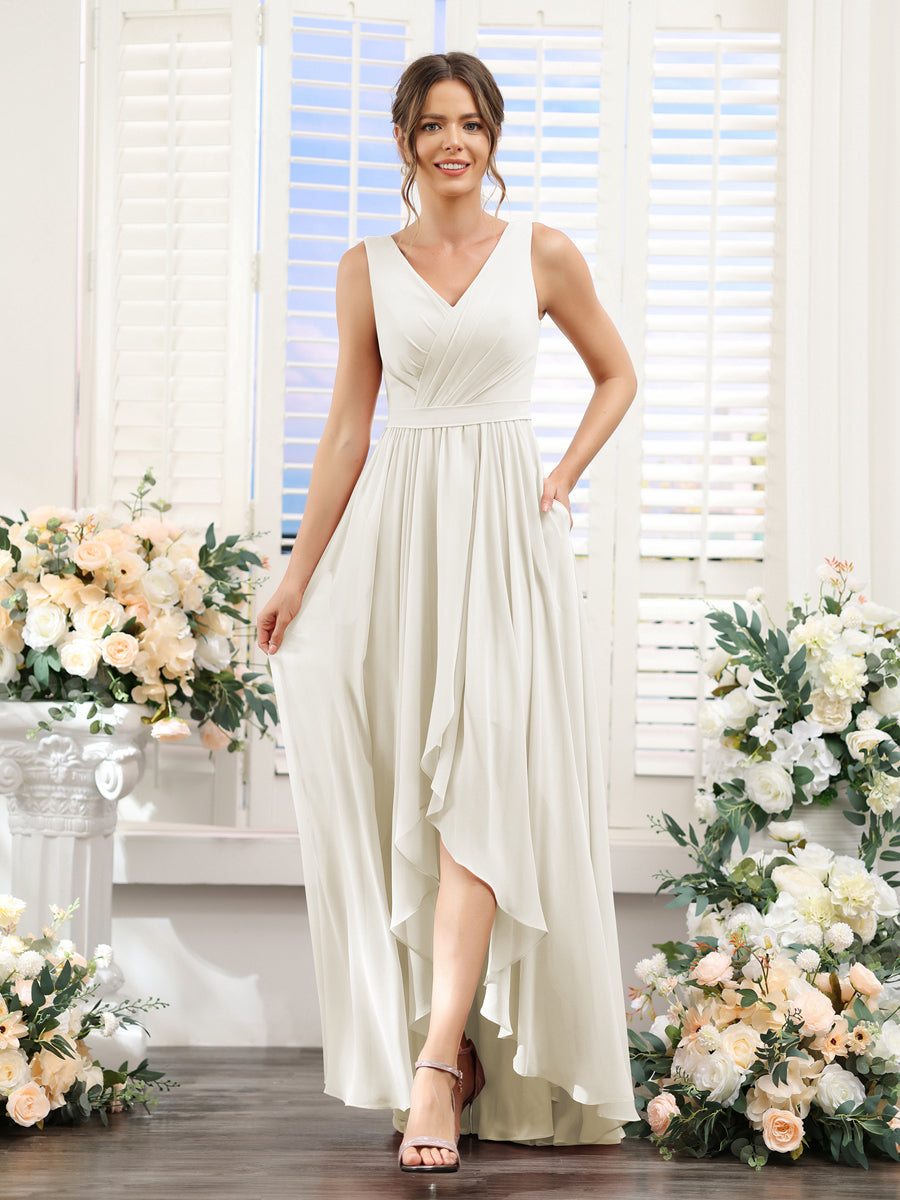 A-Line V-Neck Sleeveless Ruched Asymmetrical Chiffon Bridesmaid Dresses Ivory