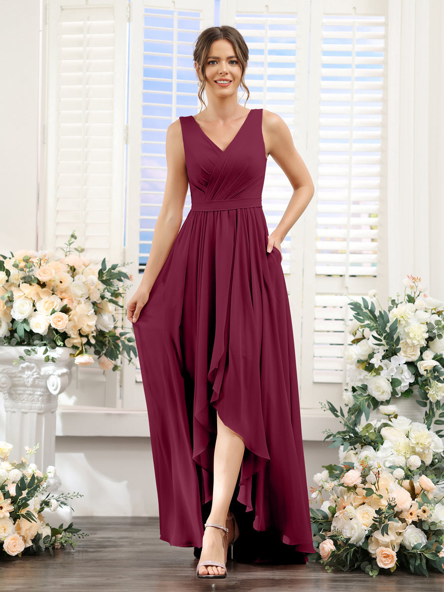 A-Line V-Neck Sleeveless Ruched Asymmetrical Chiffon Bridesmaid Dresses Light Burgundy
