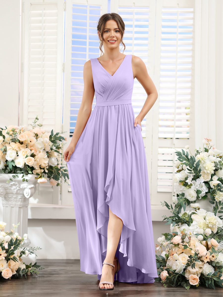 A-Line V-Neck Sleeveless Ruched Asymmetrical Chiffon Bridesmaid Dresses Lilac