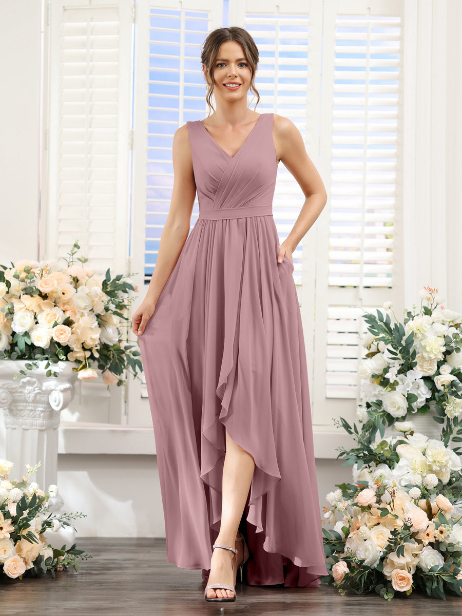 A-Line V-Neck Sleeveless Ruched Asymmetrical Chiffon Bridesmaid Dresses Mauve