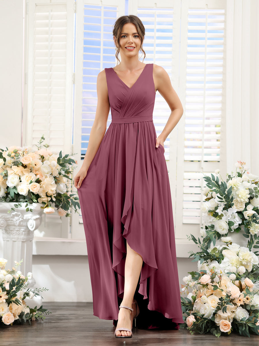 A-Line V-Neck Sleeveless Ruched Asymmetrical Chiffon Bridesmaid Dresses Mulberry