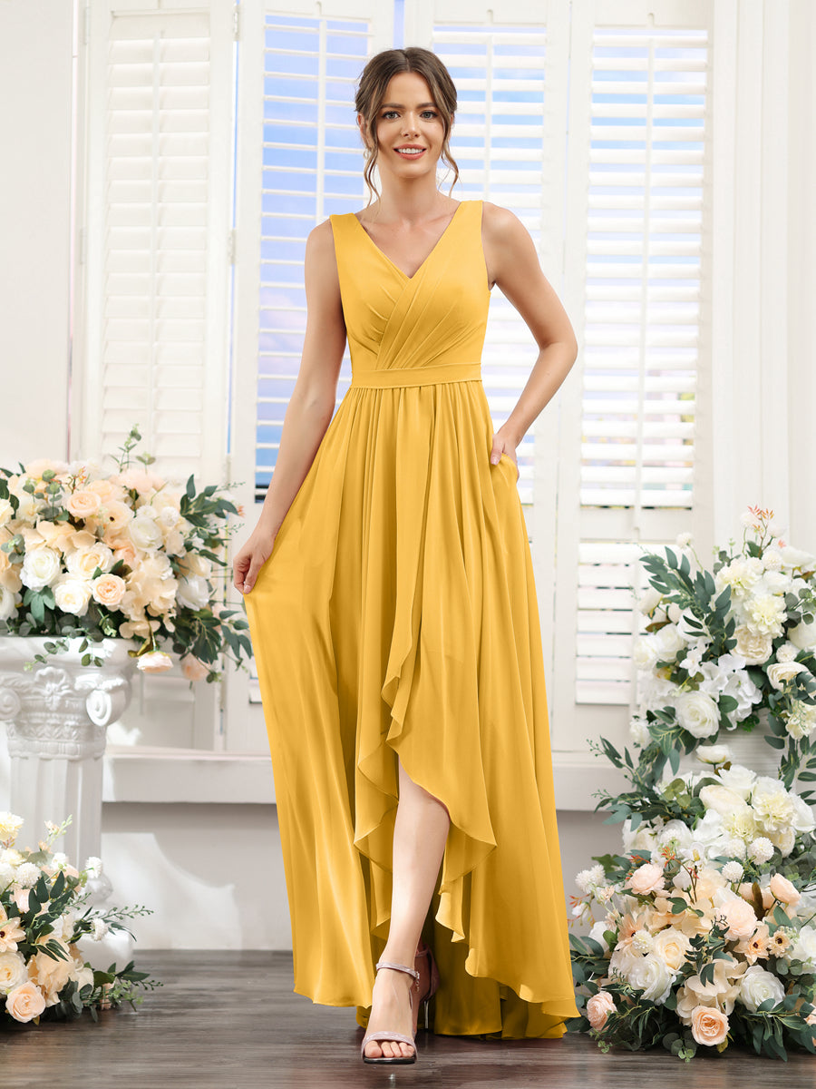 A-Line V-Neck Sleeveless Ruched Asymmetrical Chiffon Bridesmaid Dresses Mustard Yellow
