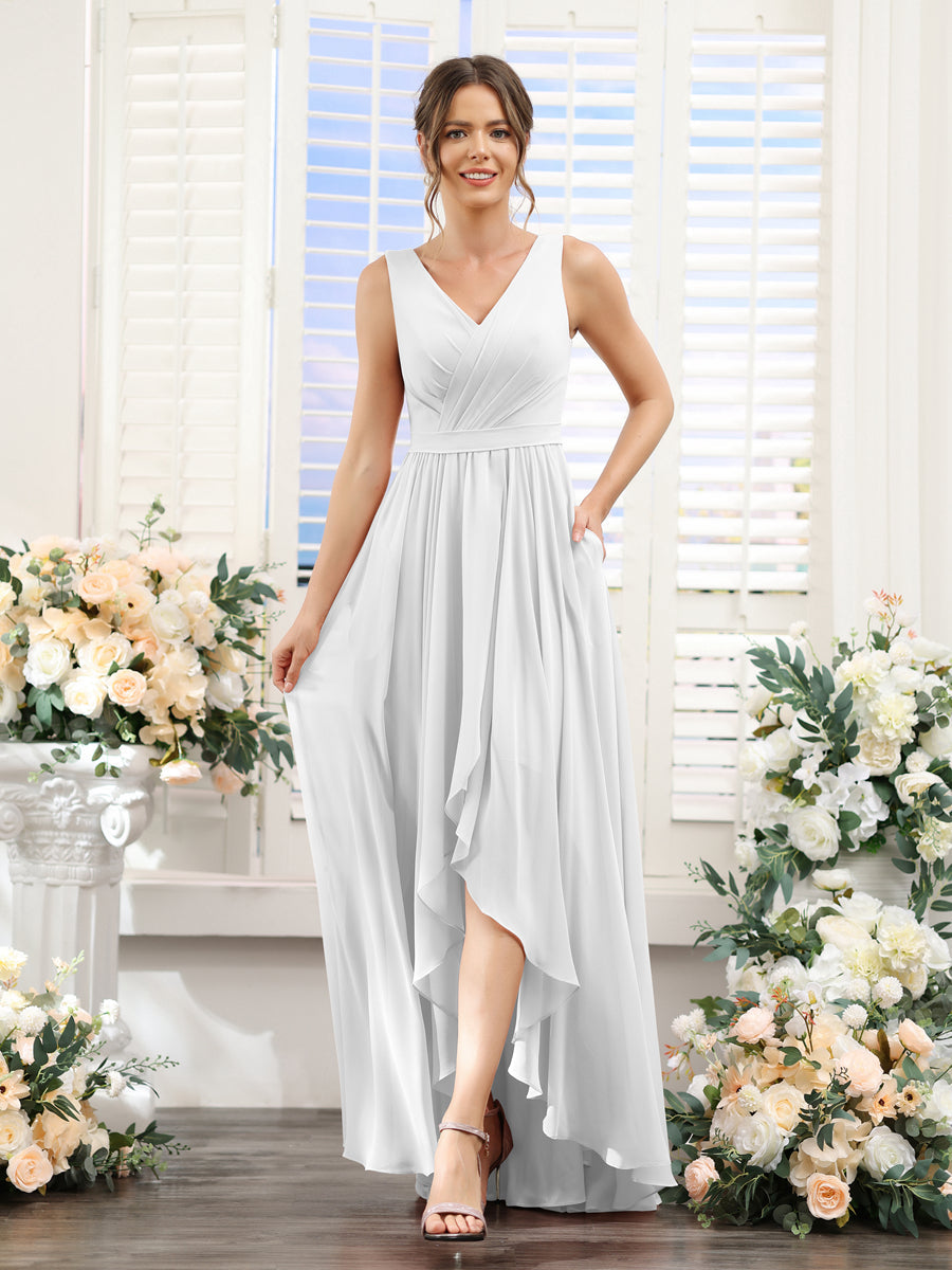 A-Line V-Neck Sleeveless Ruched Asymmetrical Chiffon Bridesmaid Dresses Off White