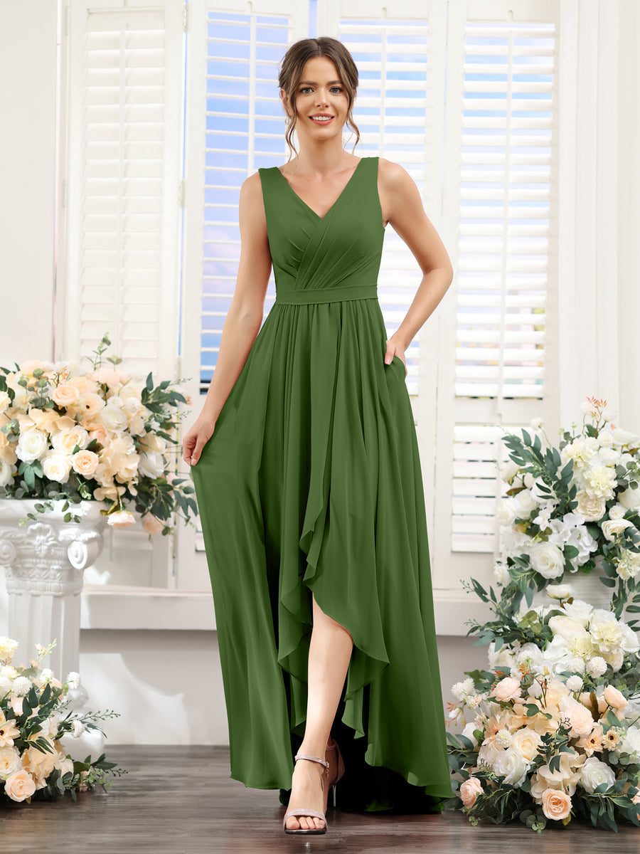 A-Line V-Neck Sleeveless Ruched Asymmetrical Chiffon Bridesmaid Dresses Olive Green