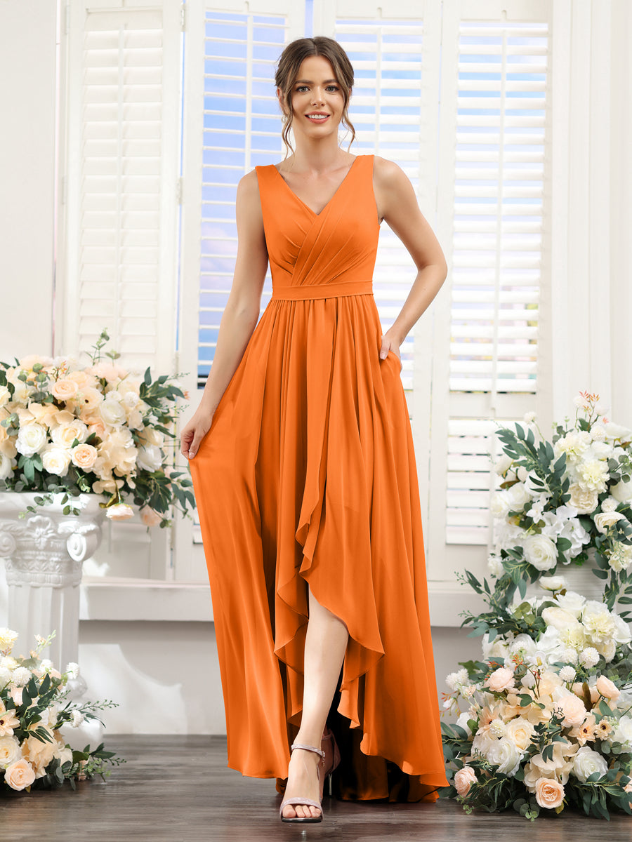A-Line V-Neck Sleeveless Ruched Asymmetrical Chiffon Bridesmaid Dresses Orange