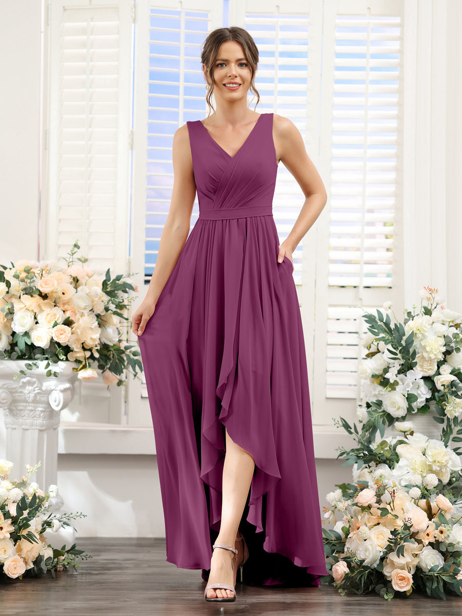 A-Line V-Neck Sleeveless Ruched Asymmetrical Chiffon Bridesmaid Dresses Orchid